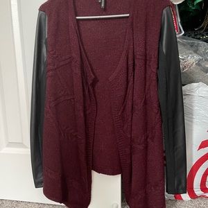 Wine faux leather sweater cardigan